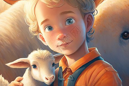 抱着小羊的小男孩迪斯尼风格背景图片