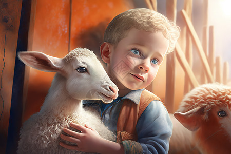 抱着小羊的小男孩迪斯尼斯风格高清图片