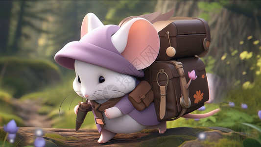 老鼠IP可爱的小白叔背着行李去旅行插画