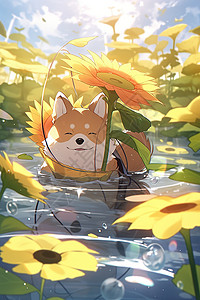 可爱的柴犬在水里玩耍被向日葵包围动漫风格背景图片