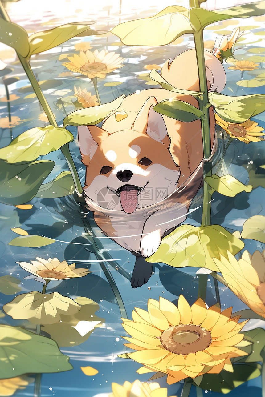 可爱的柴犬在水里玩耍被向日葵包围动漫风格图片