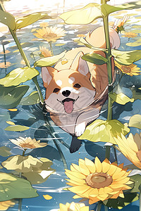可爱的柴犬在水里玩耍被向日葵包围动漫风格高清图片