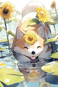 可爱的柴犬在水里玩耍被向日葵包围动漫风格背景图片