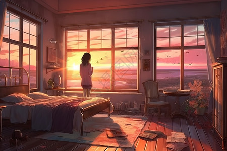 在卧室里享受日落风景的女孩动漫风格图片