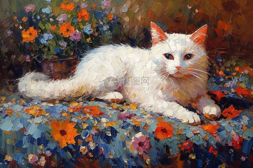 躺在花丛中的可爱猫咪油画图片