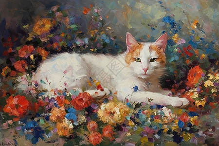 躺在花丛中的可爱猫咪油画图片