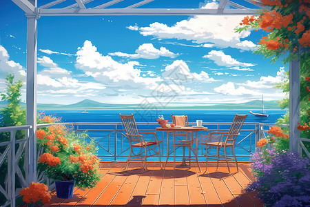 宫崎骏风格夏天海边的餐桌高清图片