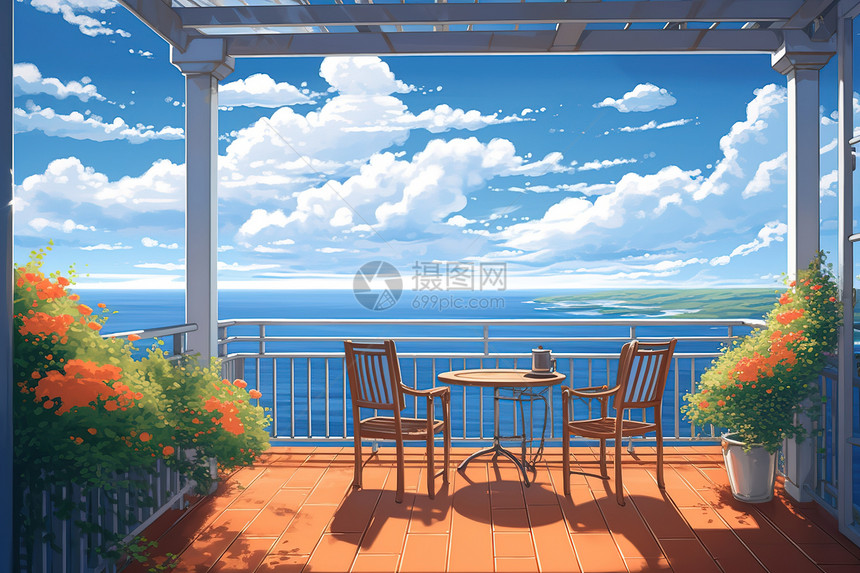 宫崎骏风格夏天海边的餐桌图片
