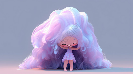 超长紫色长长的头发的卡通小女孩IP插画