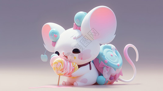 抱着星球老鼠抱着棒棒糖可爱的卡通小老鼠插画