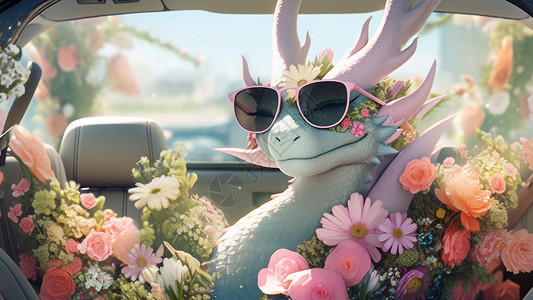 坐在车里戴着墨镜被花朵包围的龙高清图片
