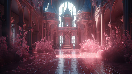 宫殿内部粉色城堡插画