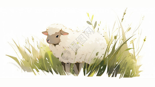 草丛里羊草丛里的卡通小绵羊插画