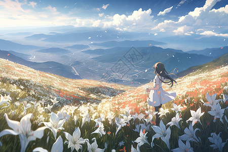 春天满山花朵女孩站在山上新海诚风格插画