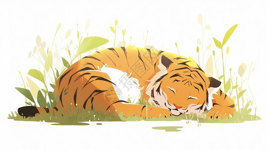 睡觉动物表情包趴在草丛里睡觉的卡通老虎插画