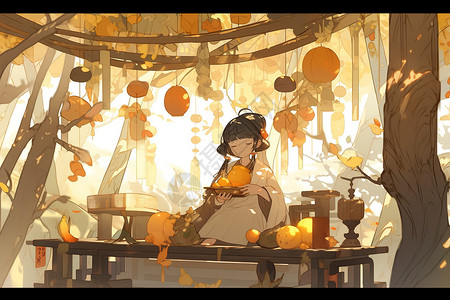 动画元素一个女孩坐在亭里秋天元素插画插画