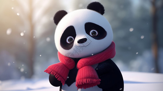 围着红色围巾的卡通大熊猫肖像高清图片