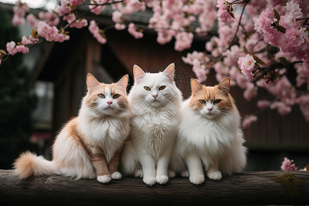 三只猫咪春日花朵下的白色猫咪插画