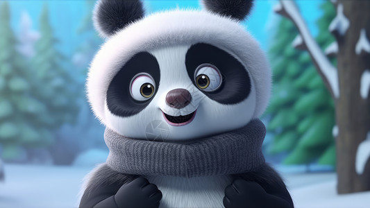 熊猫特写头戴毛毛帽子系着灰色围巾的大熊猫插画
