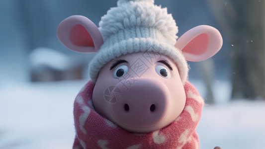 戴围巾的猪戴着帽子围着围巾的立体卡通小猪肖像插画
