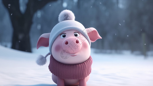 在雪地中戴着帽子和围巾的立体卡通小猪肖像图片