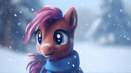 雪中的棕色卡通小马3D高清图片