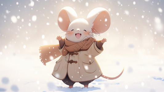 可爱小白鼠站在雪里穿着风衣可爱的小白鼠插画