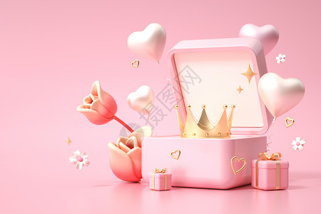 盒子里的玫瑰粉色王冠礼盒场景设计图片