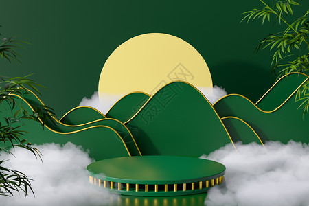 端午古风素材绿色国潮云雾电商展台设计图片