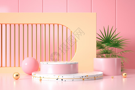 粉色植物底纹粉色几何展台设计图片
