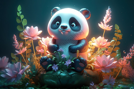 花朵国宝可爱手绘插画熊猫图片