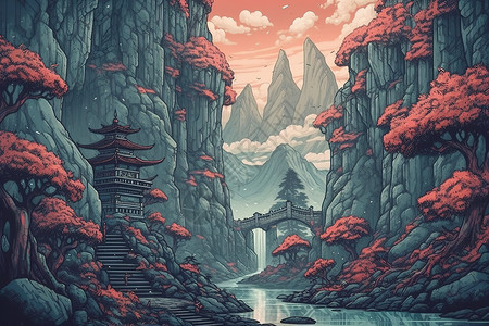 国潮风手绘中国元素传统建筑山林插画背景图片