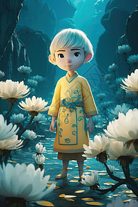 菊花丛里的中国风男孩3D插画图片