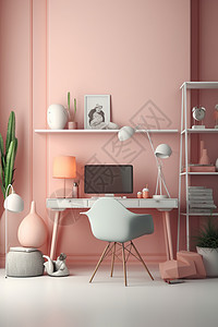 书房背景墙粉色背景墙书桌书房3D插画