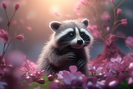可爱小浣熊在花丛中皮克斯风格背景图片
