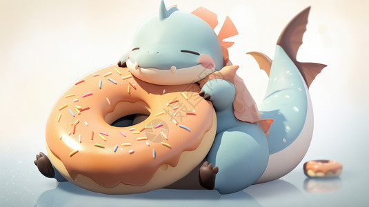 抱着超大甜甜圈的可爱的卡通小龙背景图片