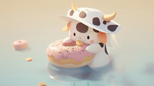 牛骨面抱着甜甜圈泡澡的卡通小奶牛插画