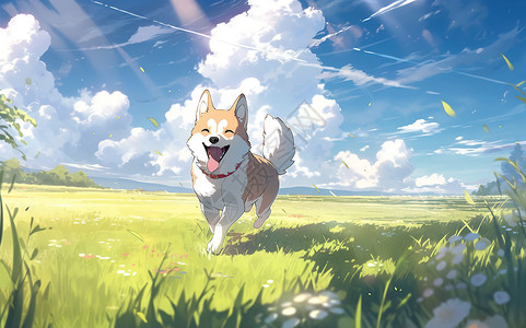 快乐的小狗的草地上奔跑动漫风格图片