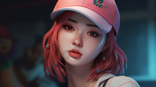 女生打棒球粉色帽子红色头发的女生插画