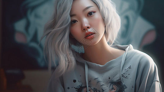 人物质感素材白色头发的美少女插画