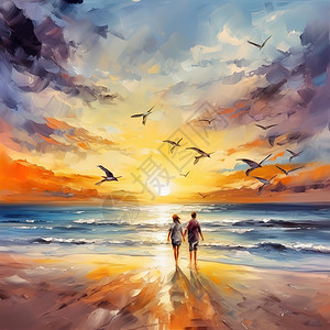 在海边奔跑一对情侣牵着手在沙滩上奔跑油画插画