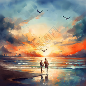 情手一对情侣牵着手在沙滩上奔跑油画插画