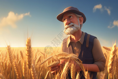 农业伯伯开心的农民伯伯站在金色的麦田中插画插画