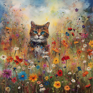 可爱的猫在花丛里油画背景图片