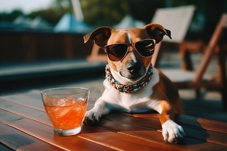 小狗饮料杯子可爱的狗在度假喝饮料背景
