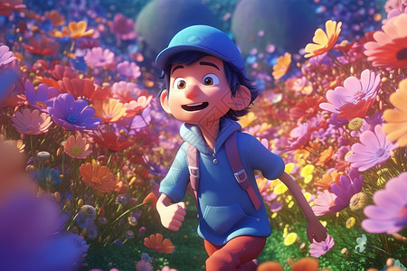 在花丛中奔跑的小男孩皮克斯风格图片