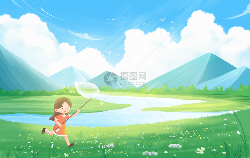 小清新夏天六一儿童节户外草地抓蝴蝶插画图片