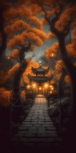 树木头夜晚石头小径尽头头的中国风建筑插画