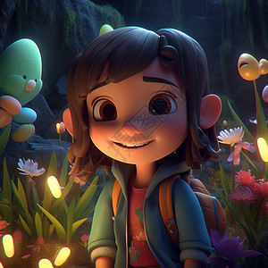 在梦幻森林里探险的3D小孩背景图片