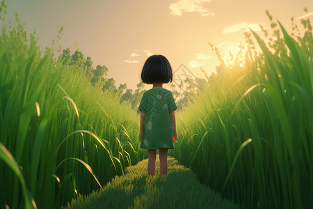 衬衫背影夏日稻田里可爱的小女孩背影插画